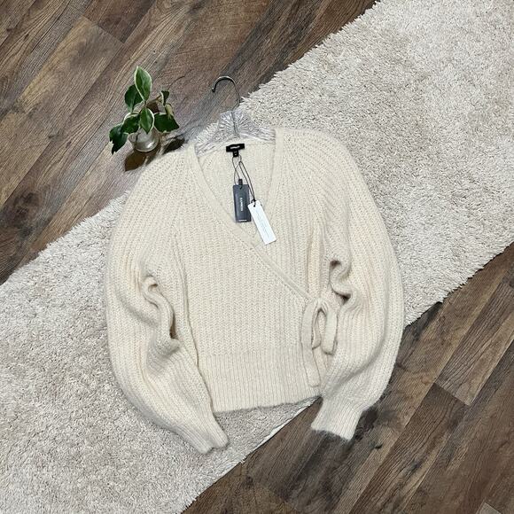 Express Size Medium Cream Wool Blend Wrap Front Sweater NWT - Picture 2 of 6